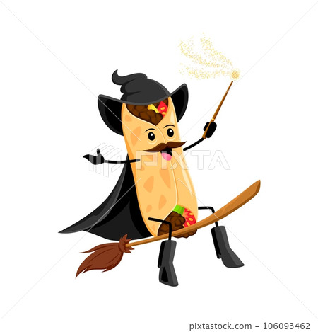 Cartoon Halloween burrito tex mex food wizard and mage character. Isolated vector whimsical mexican meal personage wields magical powers, riding a broomstick, casting spells and spreading joy Cartoon Halloween burrito tex mex food wizard and mage character. Isolated vector whimsical mexican meal personage wields magical powers, riding a broomstick, casting spells and spreading joy 106093462