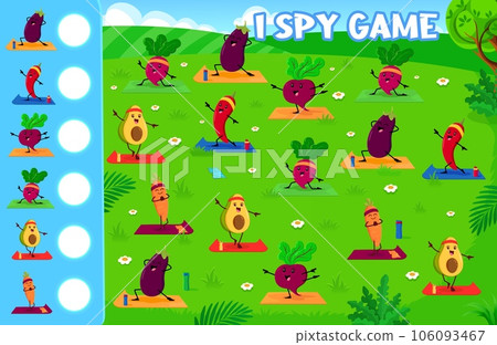 I spy game. Funny vegetable characters on yoga. Kids vector riddle worksheet with cartoon avocado, beetroot, radish, chili pepper or carrot and eggplant. How many yogi veggies children counting test I spy game. Funny vegetable characters on yoga. Kids vector riddle worksheet with cartoon avocado, beetroot, radish, chili pepper or carrot and eggplant. How many yogi veggies children counting test 106093467