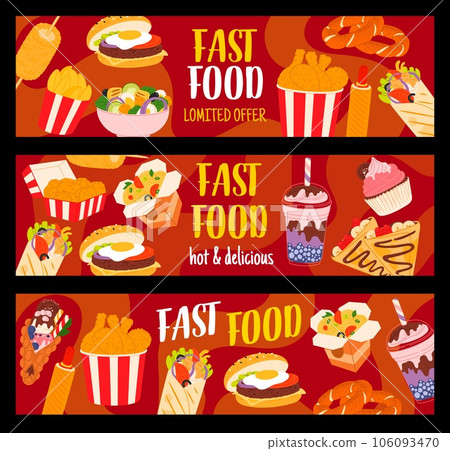 Fast food and desserts horizontal vector banners. Fried potato, salad, burger and chicken legs. Bagel, hot dog, and shawarma. Hong King bubble waffle, crepe, noodle wok, ice cream and milk shake meals 106093470