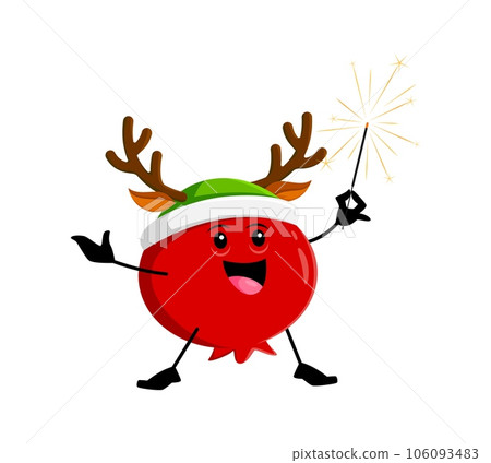 Cartoon Christmas holiday cranberry berry character with festive sparkler. Isolated vector mooseberry personage wear reindeer horns, radiating joy and celebration, creates a merry holiday ambiance Cartoon Christmas holiday cranberry berry character with festive sparkler. Isolated vector mooseberry personage wear reindeer horns, radiating joy and celebration, creates a merry holiday ambiance 106093483