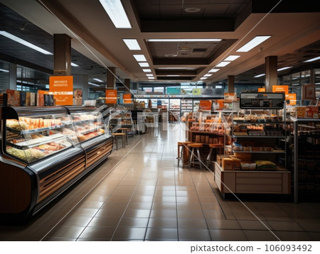 Supermarket store interior with shelves and display cabinet glass, a long corridor along the way, and light bulbs on the ceiling. Generative AI 106093492