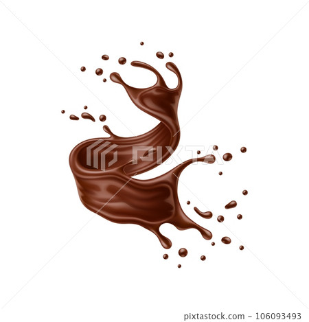 Realistic chocolate milk swirl splash wave, vector dark cocoa drink. Isolated 3d melted chocolate whirlwind with falling drops and creamy texture. Cacao milk shake, choco sauce or glaze swirl splash 106093493