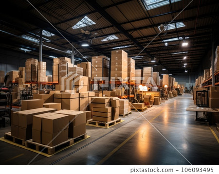 A large warehouse with multiple stacks of boxes, parcels, and merchandise is illuminated by a hanging lamp. Generative AI 106093495