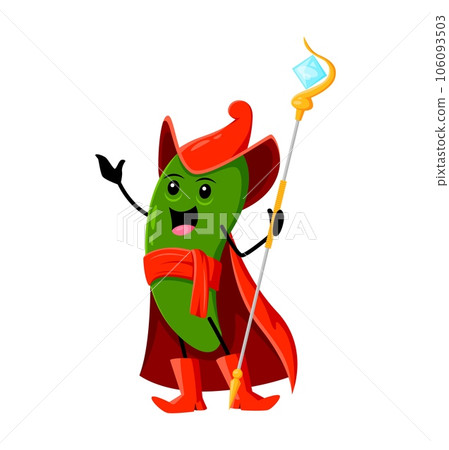 Cartoon Halloween jalapeno, guindilla or green chili pepper wizard or mage character. Isolated vector sorcerer personage with a staff, casting spicy spells and conjuring up sizzling magic concoctions Cartoon Halloween jalapeno, guindilla or green chili pepper wizard or mage character. Isolated vector sorcerer personage with a staff, casting spicy spells and conjuring up sizzling magic concoctions 106093503