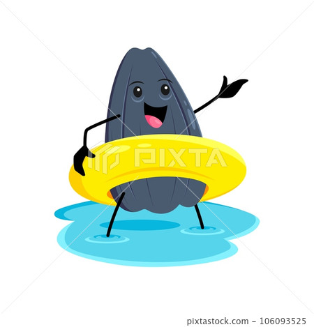 Cartoon cheerful sunflower seed character joyfully floats in the sea on a summer beach vacation. Isolated vector nut personage embracing an inflatable ring for extra fun and relaxation Cartoon cheerful sunflower seed character joyfully floats in the sea on a summer beach vacation. Isolated vector nut personage embracing an inflatable ring for extra fun and relaxation 106093525