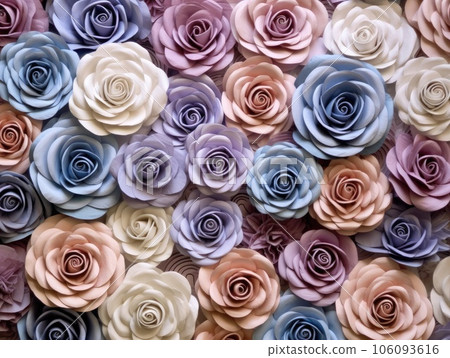 Flowers wall background with blue, white and purple rose flower made from paper crowding in the frame, in the style of an aerial view. Generative AI Flowers wall background with blue, white and purple rose flower made from paper crowding in the frame, in the style of an aerial view. Generative AI 106093616
