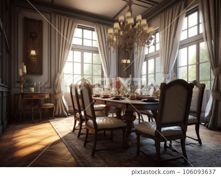 Wide angle view of the dining room in British style with dining sets, sunlight shines through windows. Generative AI 106093637