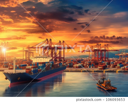Business logistics and transportation concept of a container cargo ship and cargo with a working crane bridge in a shipyard and a sunset in the background. Generative AI 106093653