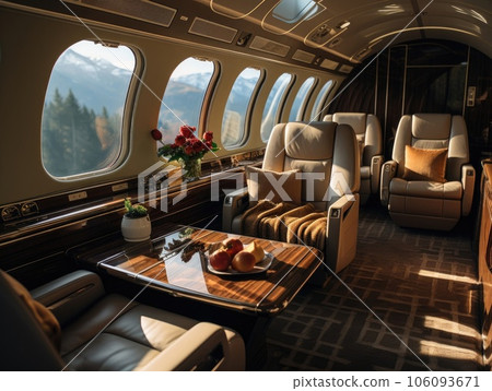 A private airplane with beige leather seats and a tray table in the style of modern luxury, overlooking the sky through a window. Generative AI 106093671