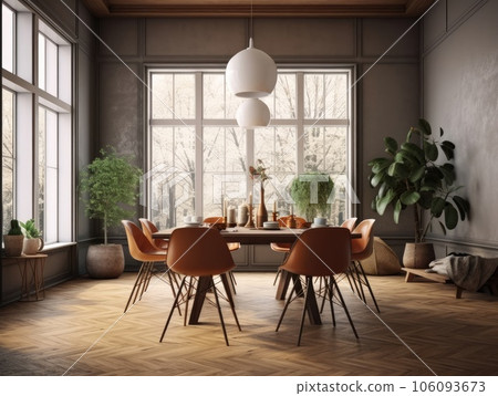 Dining room and dining sets, At a sleek and minimalist wooden dining table, sunlight shines through large windows. Generative AI 106093673