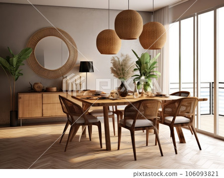 Wide-angle view of the dining room Interior of a chic and refined dining room and dining set with a dining table. Generative AI 106093821