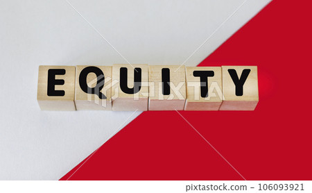 Equaity or justice symbol on wooden cubes and white and red background .Psychology, business Equaity or justice symbol on wooden cubes and white and red background .Psychology, business 106093921
