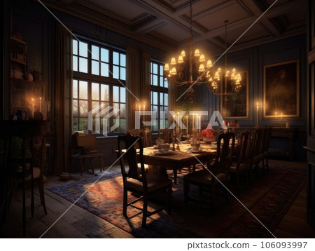 A modern dining room for vintage dining rooms and dining sets, in the style of dark and candlelight. Generative AI 106093997