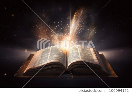 Get lost in the pages of an open book with a glowing light emanating from its pages. Experience the magic of reading with AI Generative technology. 106094151