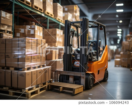 A large warehouse with rows of multiple stacks of boxes and merchandise, forklift loads pallets and boxes in warehouse. Generative AI 106094243