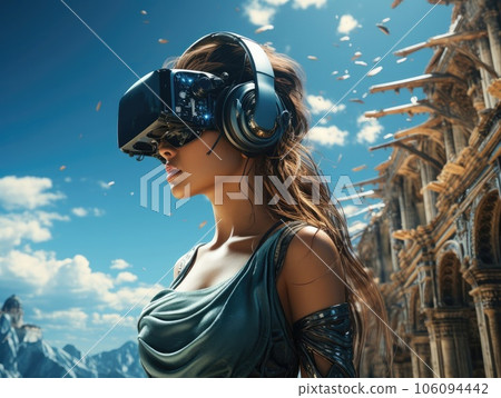 A woman wearing VR headset user, surreal world and virtual reality, the background is ancient architecture and bright sky. Generative AI A woman wearing VR headset user, surreal world and virtual reality, the background is ancient architecture and bright sky. Generative AI 106094442