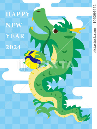 龍年新年賀卡上龍打排球的矢量圖解 106094451