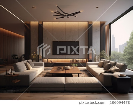 A modern living room in a warm tone with a TV, a sofa, an expansive window, and natural light. Generative AI A modern living room in a warm tone with a TV, a sofa, an expansive window, and natural light. Generative AI 106094478