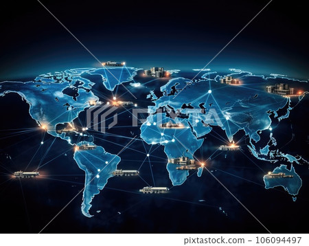 A world map with interconnected transportation routes for international logistics, a global logistics network map. Generative AI A world map with interconnected transportation routes for international logistics, a global logistics network map. Generative AI 106094497