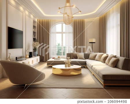 luxury living room in the style of white and gold with a TV on the cabinet, a sofa, and an expansive window. Generative AI luxury living room in the style of white and gold with a TV on the cabinet, a sofa, and an expansive window. Generative AI 106094498