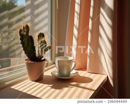 A cup of coffee and potted cactus on the table by the window, a window with a bright light shining through it. Generative AI A cup of coffee and potted cactus on the table by the window, a window with a bright light shining through it. Generative AI 106094499