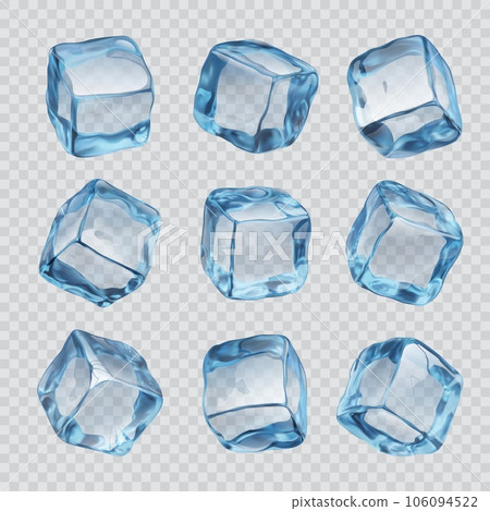 Realistic ice cubes and crystals pieces isolated on transparent background. 3d vector solid frozen water cubes, used to cool drinks and preserve perishables. Made by freezing water in trays or molds Realistic ice cubes and crystals pieces isolated on transparent background. 3d vector solid frozen water cubes, used to cool drinks and preserve perishables. Made by freezing water in trays or molds 106094522