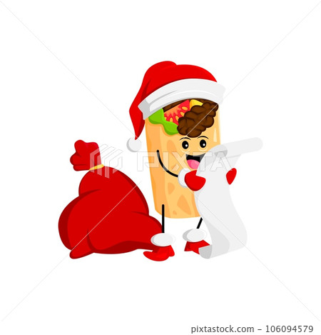 Cartoon Christmas Santa mexican burrito character with gifts bag reading scroll with the wishes. Isolated vector tortilla roll Mexico food personage wear father Noel hat holding long parchment list Cartoon Christmas Santa mexican burrito character with gifts bag reading scroll with the wishes. Isolated vector tortilla roll Mexico food personage wear father Noel hat holding long parchment list 106094579