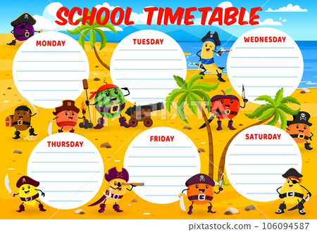 Education timetable schedule. Cartoon fruit captain, pirate sailors and corsairs characters. Vector template with watermelon, orange and mango, kiwi, apple or banana. Plum, quince and peach with lemon Education timetable schedule. Cartoon fruit captain, pirate sailors and corsairs characters. Vector template with watermelon, orange and mango, kiwi, apple or banana. Plum, quince and peach with lemon 106094587