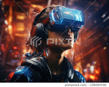 Woman wearing a VR headset, futuristic virtual world, digital art illustration and colorful. Generative AI 106094590