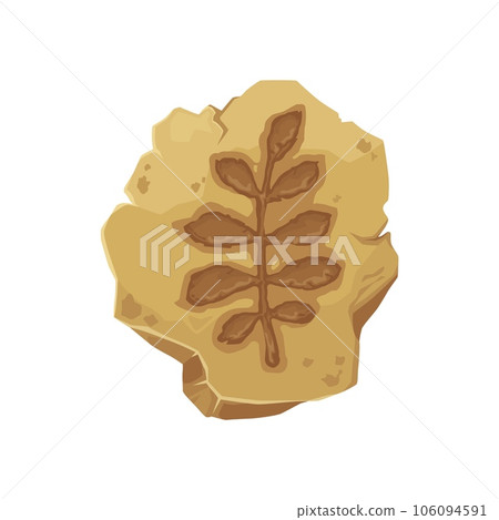 Fern fossil, ancient stone plant leaf imprint. Vector silhouette of prehistoric jungle forest plant foliage. Jurassic fern fossil, cartoon brown rock with neuropteris leaf imprint, ancient nature 106094591