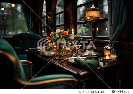A dining table, dining set and velvet seats in train in the style of luxury, light from a lamp. Generative AI 106094592