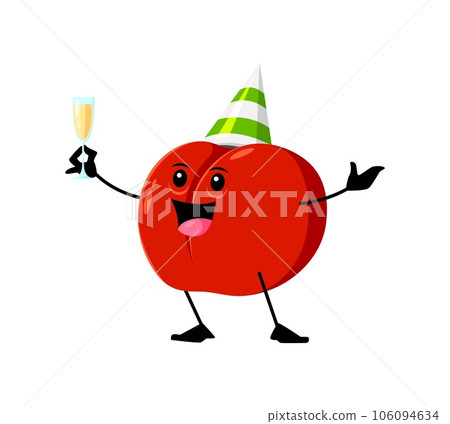 Cartoon Christmas ripe raw red apple fruit character wearing striped festive hat, holding wineglass with champagne. Isolated vector fresh healthy plant personage celebrate New year or Xmas party Cartoon Christmas ripe raw red apple fruit character wearing striped festive hat, holding wineglass with champagne. Isolated vector fresh healthy plant personage celebrate New year or Xmas party 106094634