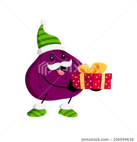 Cartoon Christmas ripe raw figs fruit character with gift box. Isolated vector Santa helper personage with present, mustaches and cheerful smile, wear green striped elf hat, spreading holiday cheer Cartoon Christmas ripe raw figs fruit character with gift box. Isolated vector Santa helper personage with present, mustaches and cheerful smile, wear green striped elf hat, spreading holiday cheer 106094636