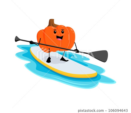 Cartoon cheerful pumpkin vegetable character riding a stand up paddleboard on summer beach vacation. Happy ripe gourd personage with a big smile, showcasing fun-loving attitude and adventurous spirit Cartoon cheerful pumpkin vegetable character riding a stand up paddleboard on summer beach vacation. Happy ripe gourd personage with a big smile, showcasing fun-loving attitude and adventurous spirit 106094643
