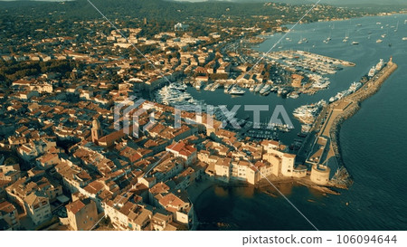 Aerial view of the town and port of Saint-Tropez Aerial view of the town and port of Saint-Tropez 106094644