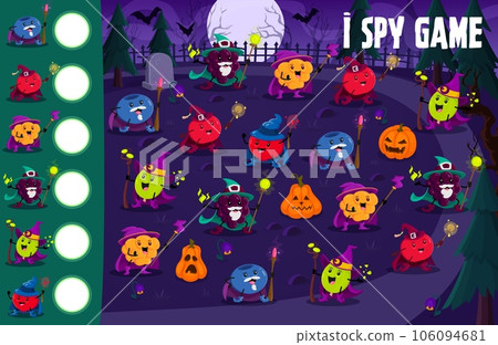 I spy game worksheet. Cartoon Halloween berry wizards at night cemetery. Kids vector riddle count how many blueberry, cherry, cloudberry and blackberry, cranberry and gooseberry warlocks children test I spy game worksheet. Cartoon Halloween berry wizards at night cemetery. Kids vector riddle count how many blueberry, cherry, cloudberry and blackberry, cranberry and gooseberry warlocks children test 106094681