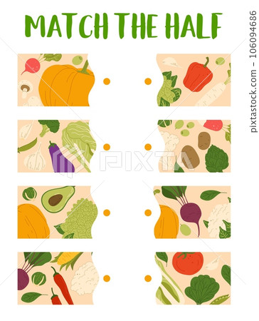 Match the half of harvest raw vegetables. Piece connect riddle or puzzle game vector worksheet with cartoon pumpkin, romanesco cabbage, potato and radish, mushroom, eggplant farm ripe vegetables 106094686