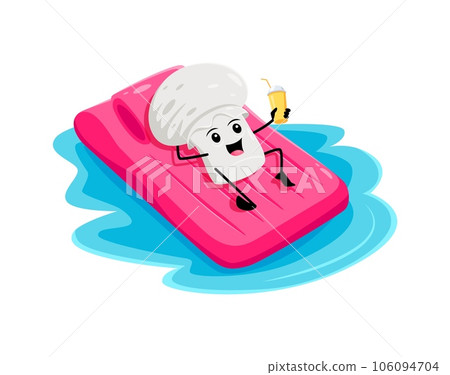 Cartoon cheerful champignon mushroom character float on a mattress in the sea, enjoying a relaxing summer vacation under the warm sun on the beach. Isolated vector vegetable personage on holidays Cartoon cheerful champignon mushroom character float on a mattress in the sea, enjoying a relaxing summer vacation under the warm sun on the beach. Isolated vector vegetable personage on holidays 106094704