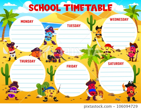 Education timetable schedule cartoon vitamins and micronutrients pirate characters. School vector lesson planner template with P, Se, Ca or Zn. Na, Mn, I and K, Mg, Fe, or Cu. Kid time table organizer Education timetable schedule cartoon vitamins and micronutrients pirate characters. School vector lesson planner template with P, Se, Ca or Zn. Na, Mn, I and K, Mg, Fe, or Cu. Kid time table organizer 106094729