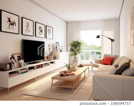 Scandinavian-style living room design with a modern television cabinet and wall decorations of picture frames. Generative AI 106094737