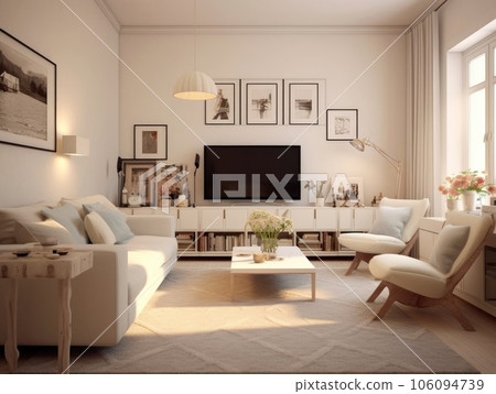 Scandinavian-style living room design with a modern television cabinet and wall decorations of picture frames. Generative AI Scandinavian-style living room design with a modern television cabinet and wall decorations of picture frames. Generative AI 106094739
