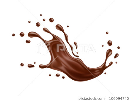 Realistic chocolate milk wave splash, cocoa drink spill with drops. Vector 3d melted chocolate bar, choco candy or cream wavy flow. Isolated cocoa milk shake, sauce, glaze or syrup splash with ripples Realistic chocolate milk wave splash, cocoa drink spill with drops. Vector 3d melted chocolate bar, choco candy or cream wavy flow. Isolated cocoa milk shake, sauce, glaze or syrup splash with ripples 106094740