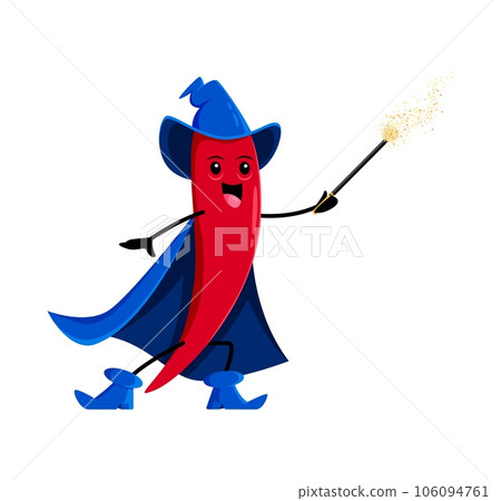 Cartoon Halloween red hot chilli pepper wizard or mage character. Isolated vector fiery and magical with a knack for conjuring up spicy spells and adding a touch of heat to any culinary adventure Cartoon Halloween red hot chilli pepper wizard or mage character. Isolated vector fiery and magical with a knack for conjuring up spicy spells and adding a touch of heat to any culinary adventure 106094761