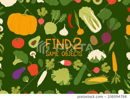 Find two same harvest raw vegetables. Kids vector game with cartoon fresh pumpkin, tomato, kohlrabi and avocado. Lettuce, chili pepper, cauliflower, corn, broccoli and eggplant with romanesco cabbage 106094766