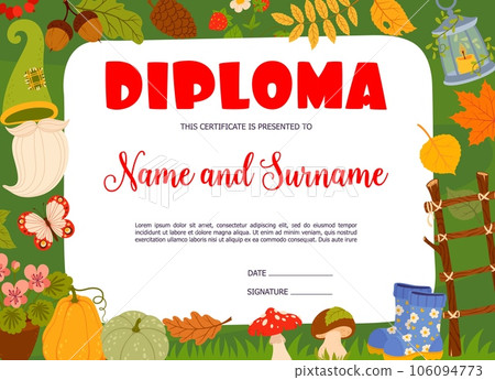 Kids diploma with gnome items, autumn leaves, plants and garden tools. Vector certificate with dwarven hat, beard, boots and lantern. Ladder, pumpkin, mushroom and potted flowers education award frame Kids diploma with gnome items, autumn leaves, plants and garden tools. Vector certificate with dwarven hat, beard, boots and lantern. Ladder, pumpkin, mushroom and potted flowers education award frame 106094773