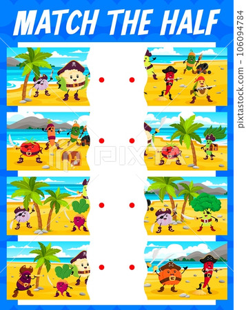Match the half of cartoon vegetable pirates and corsairs characters kids game vector worksheet. Pirate treasure island matching puzzle quiz with funny tomato, carrot, pepper and broccoli personages 106094784