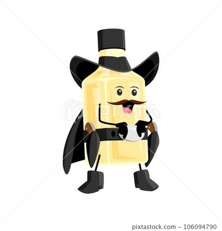 Cartoon tequila bottle cowboy and sheriff, bandit and robber, ranger mexican drink character. Isolated vector iconic alcohol beverage glass flask personage featuring a rugged Wild West cowpuncher 106094790