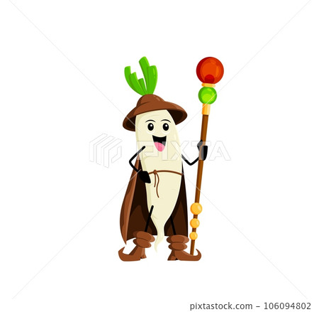 Cartoon Halloween daikon radish vegetable mage character. Isolated vector mystical wizard veggies possessing extraordinary magical abilities, conjuring spells and harnessing the power of sorcery 106094802