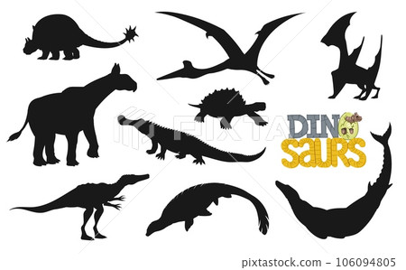 Cartoon dinosaur characters silhouettes. Vector prehistoric animals with cute baby dino in egg. Mosasaurus, basilosaurus, tapejara and sarcosuchus reptile, basilosaurus and carbonemys dinosaurus Cartoon dinosaur characters silhouettes. Vector prehistoric animals with cute baby dino in egg. Mosasaurus, basilosaurus, tapejara and sarcosuchus reptile, basilosaurus and carbonemys dinosaurus 106094805