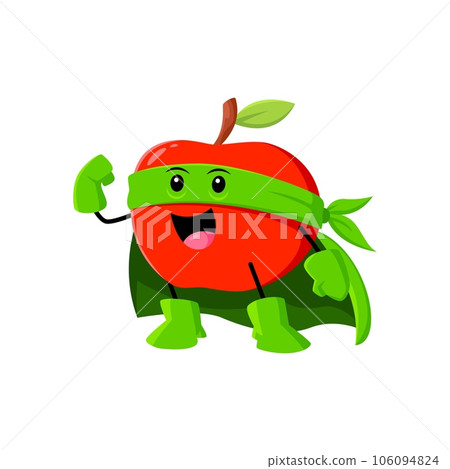 Cartoon red apple fruit superhero defender character. Vector funny super hero vigilante in mask and green cloak smiling and posing. Isolated fairytale plant comics book personage for kids menu or game Cartoon red apple fruit superhero defender character. Vector funny super hero vigilante in mask and green cloak smiling and posing. Isolated fairytale plant comics book personage for kids menu or game 106094824